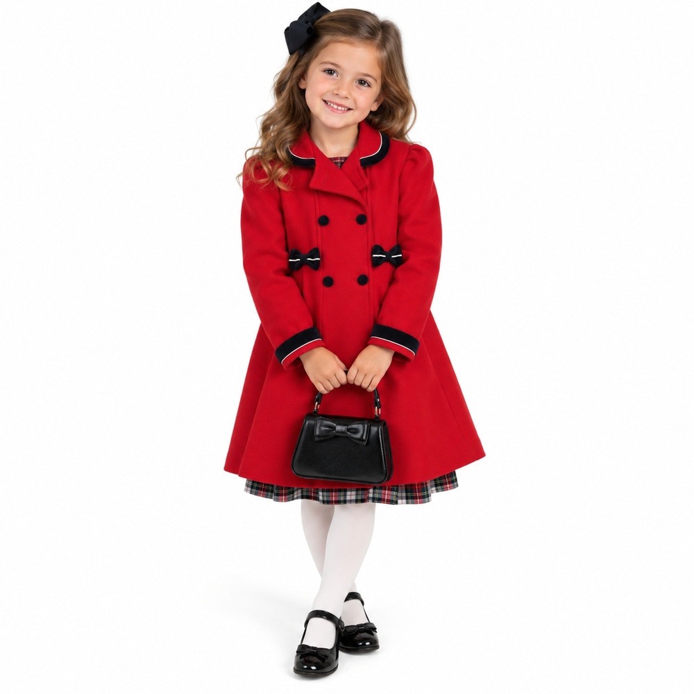 Y2K Braetan Kids Red Girl's Wool Coat Navy Velvet Trim Lined Size 6x